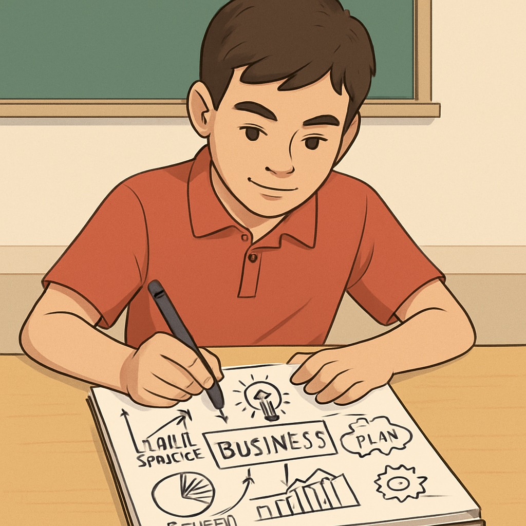 Teen sketching business ideas as part of a nonprofit educational program for youth.