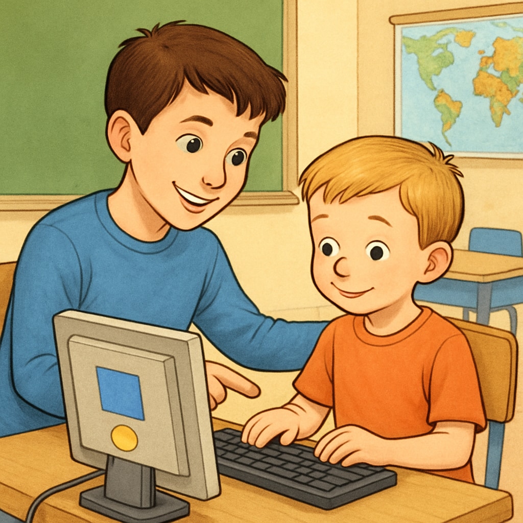 A fourth-grader helping a kindergartener with a computer activity as part of a partnership program.