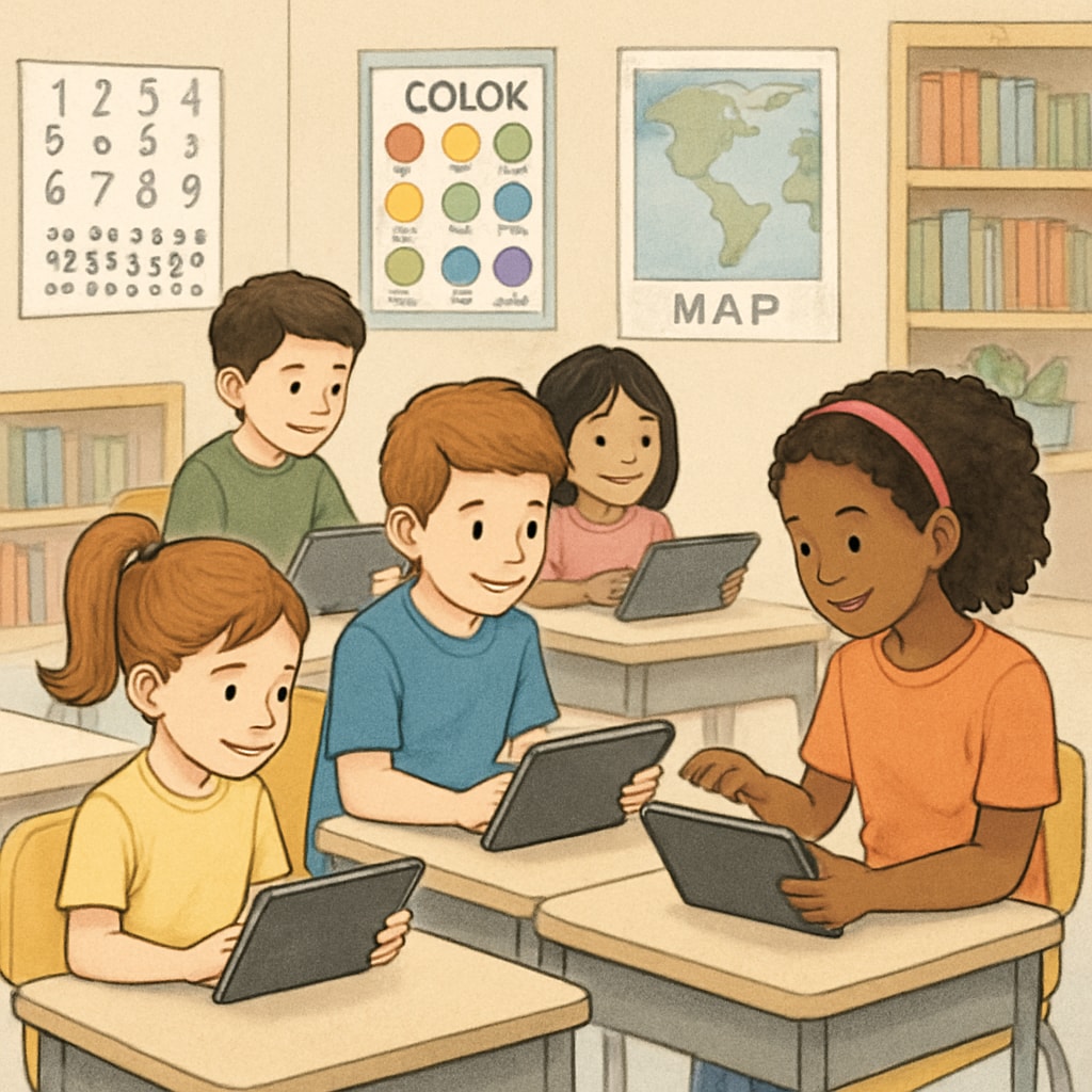Kindergarteners and fourth graders collaborating on tablets during a computer activity.