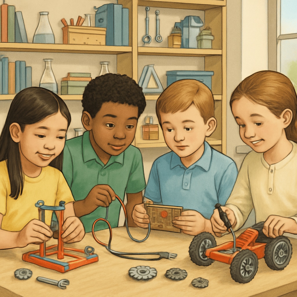 Early education, creativity cultivation, and educational choices demonstrated through children collaborating on STEM projects.