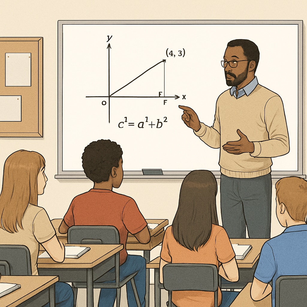 Teacher explaining a high school math concept to students in a classroom.