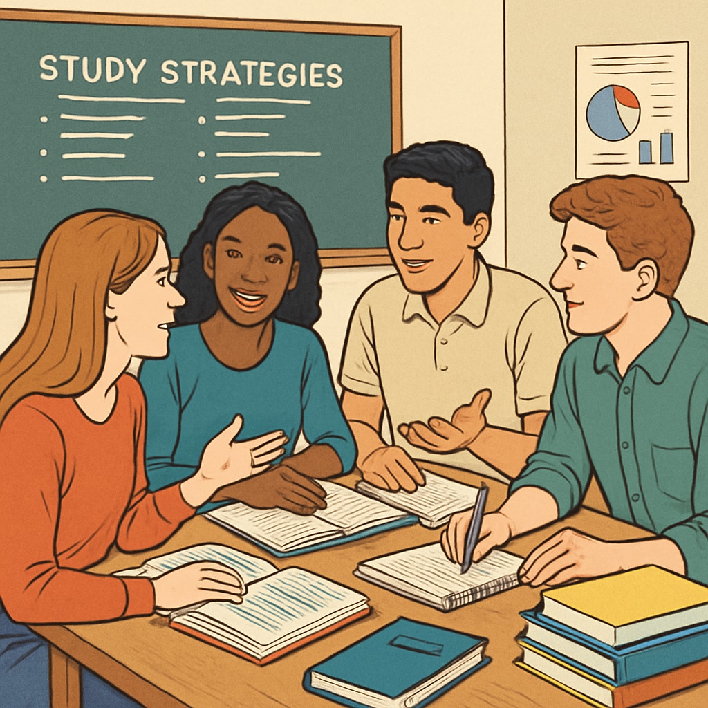 A group of diverse students in a classroom discussing study strategies, symbolizing collaboration and shared learning methods. Students discussing learning strategies in a classroom for a K12 survey.