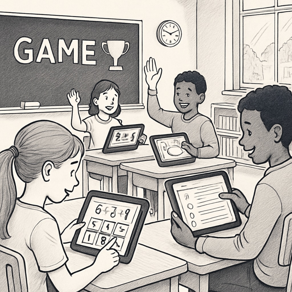 Students participating in gamified learning via tablets.