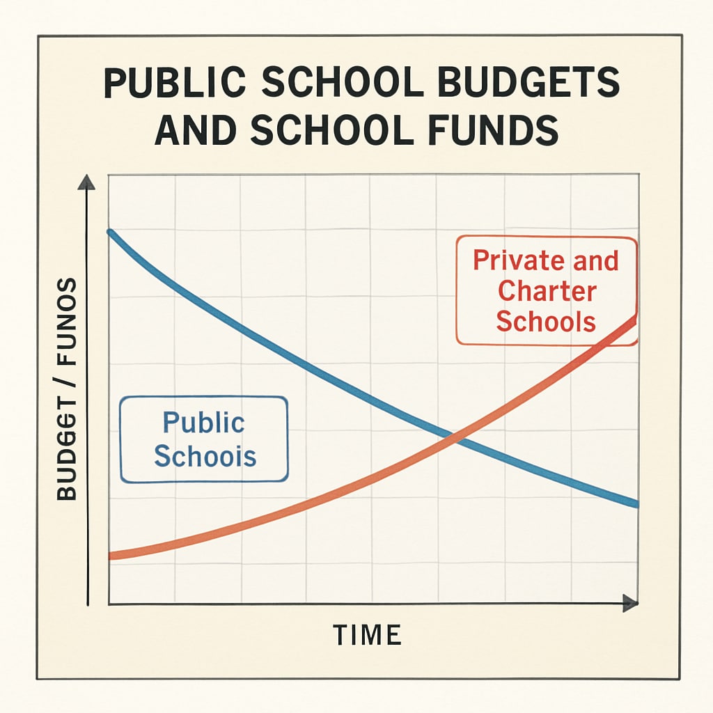 Chart illustrating the decline of public school budgets versus the rise in private school funding.