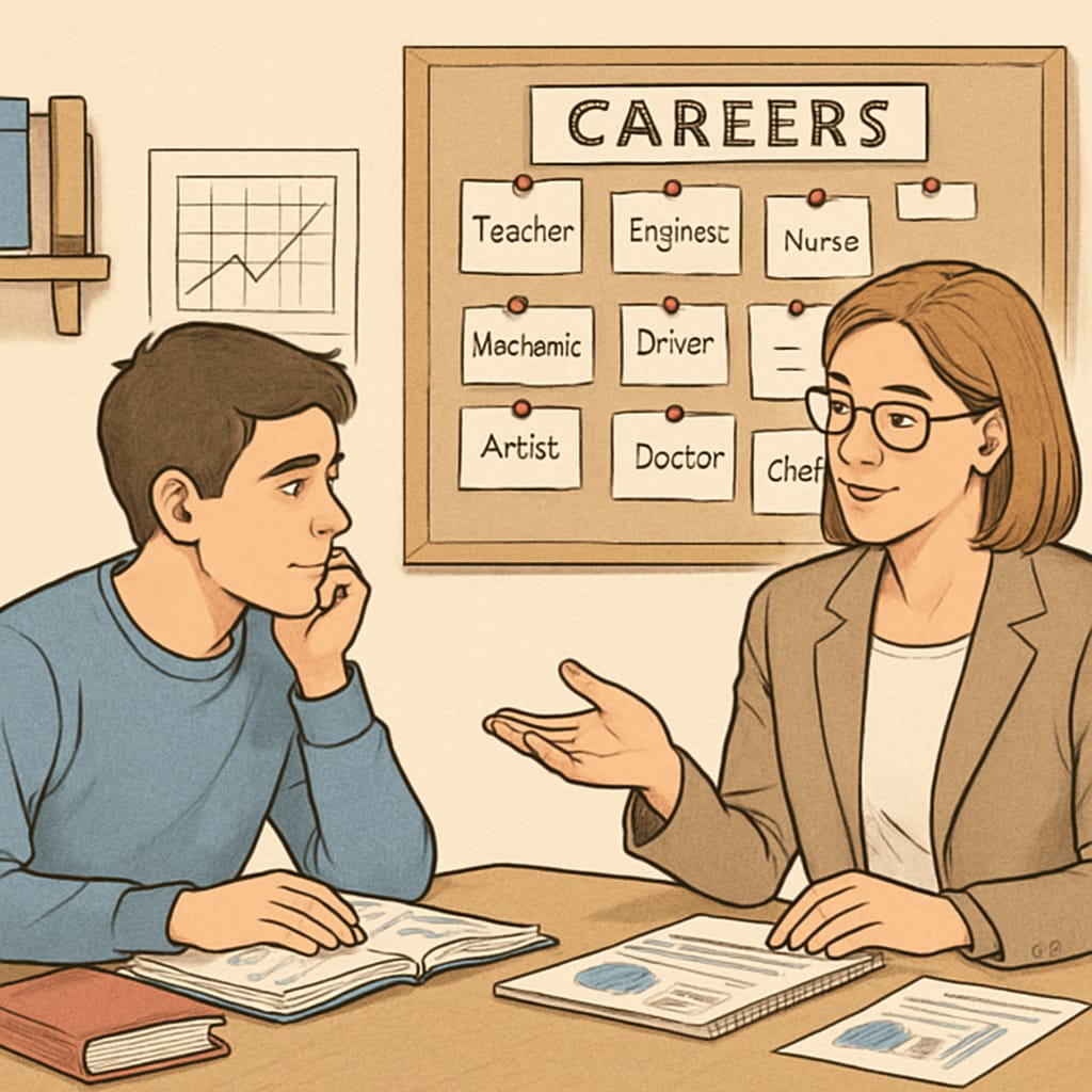 High school student receiving career counseling for academic planning and career direction.