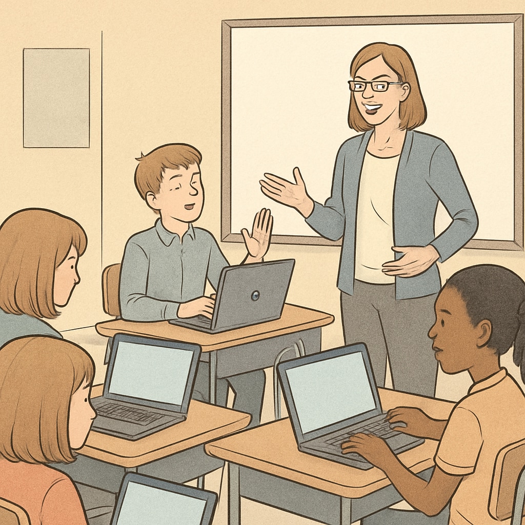 Students using Chromebooks in a classroom setting, guided by a teacher.