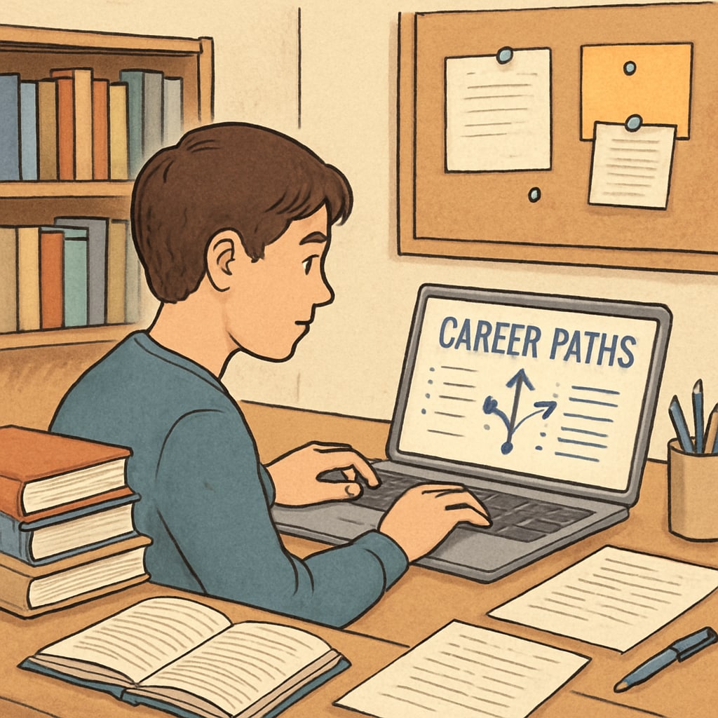 Young adult researching career paths for professional growth and interest exploration.