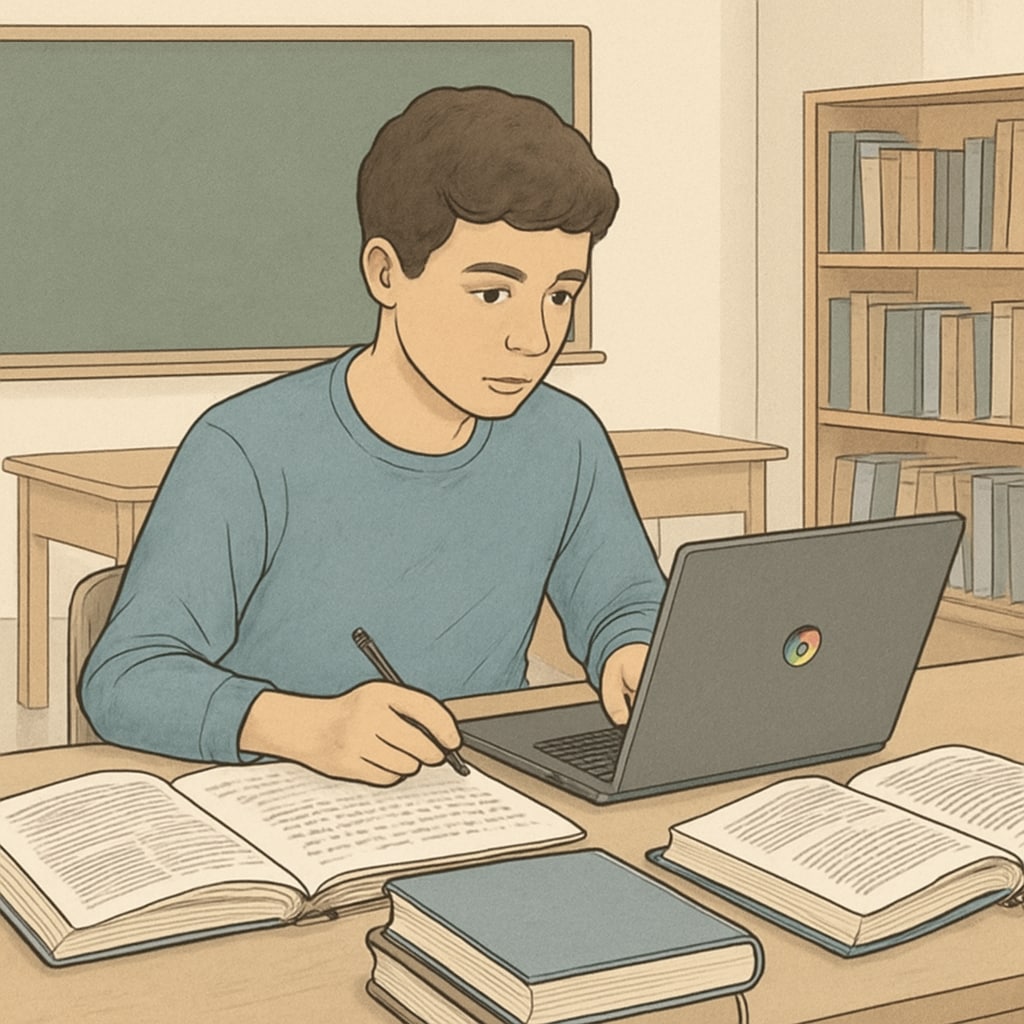 A student blending Chromebook research with traditional study materials.