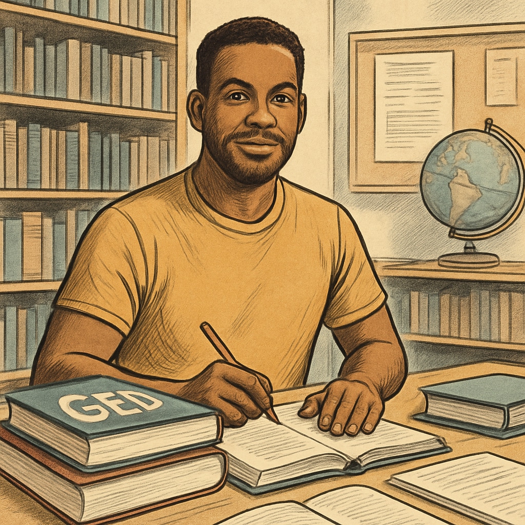 Adult student in a library, representing GED holders succeeding in college.