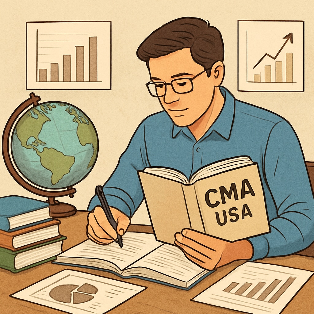 Individual preparing for CMA USA certification with study materials and a focused environment.