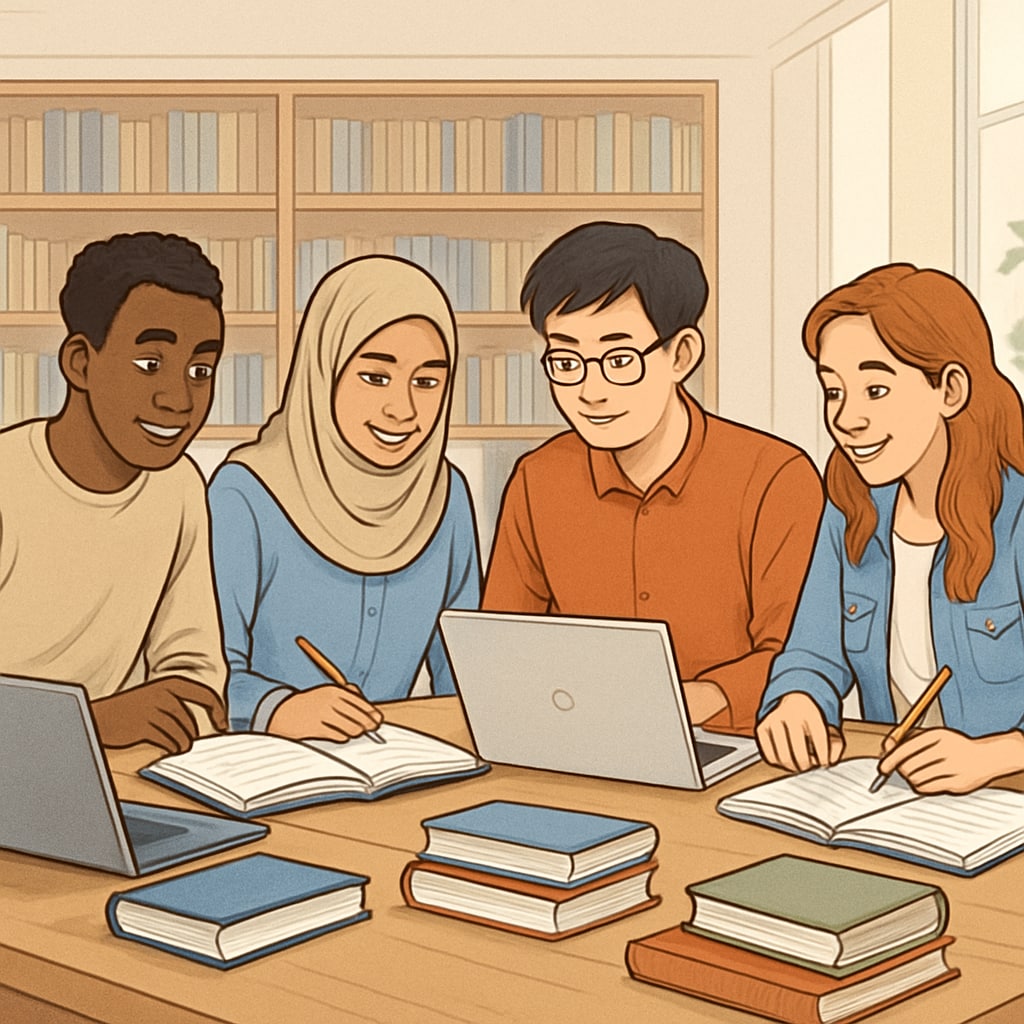 International students preparing for academic transition in a library setting