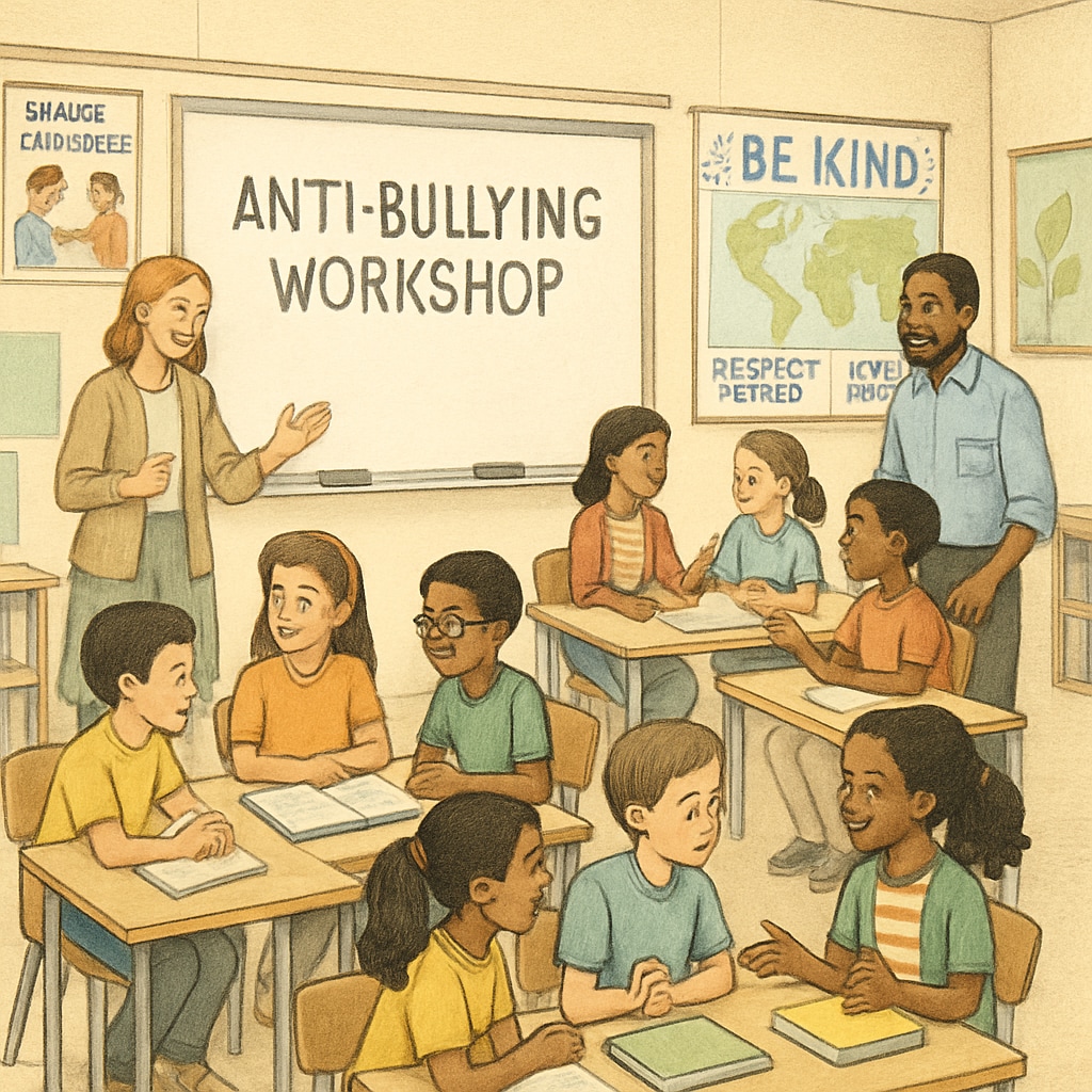 Anti-bullying workshop in a classroom setting focusing on bullying prevention, school administration, and behavioral outcomes.