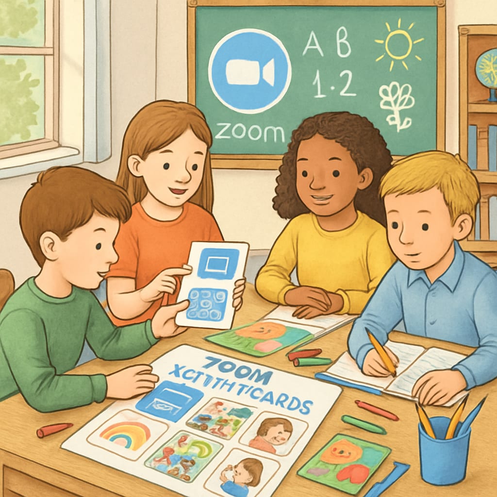 Students engaged in Zoom teaching activities with illustrated cards.