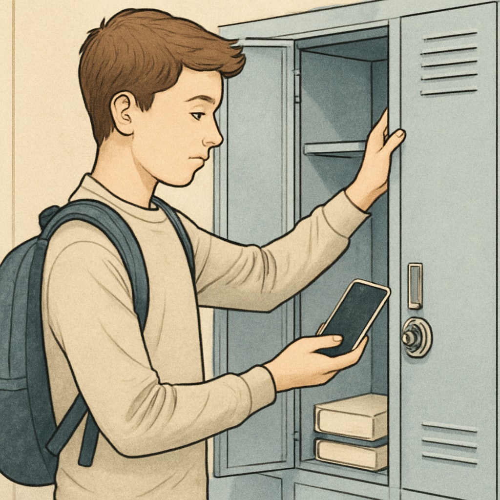 Student storing their mobile phone in a locker as part of a school ban.