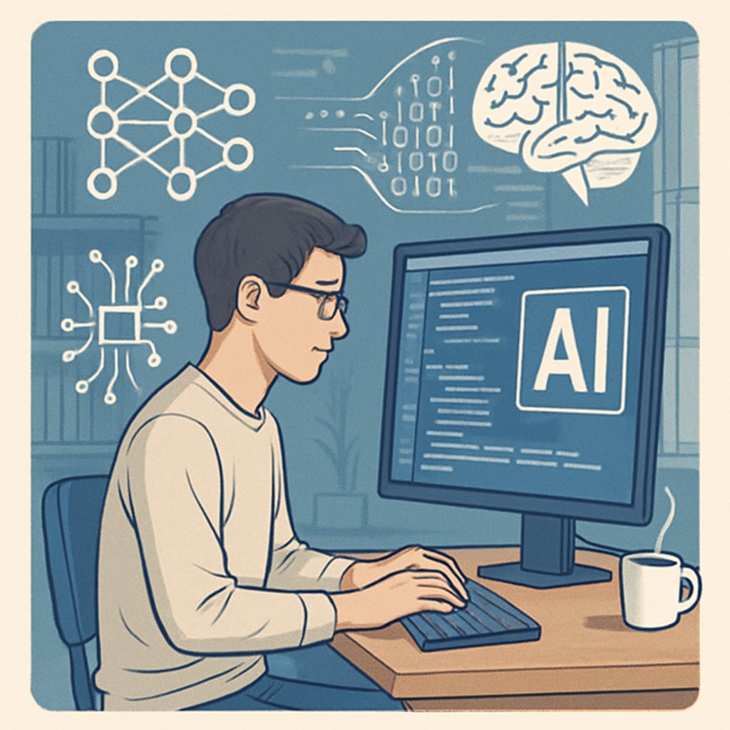 Young programmer working with AI coding tools.