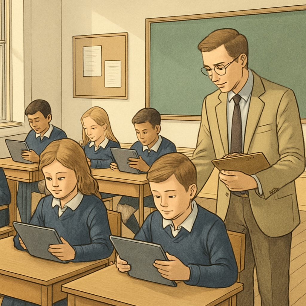 Private school students using tablets responsibly during lessons.