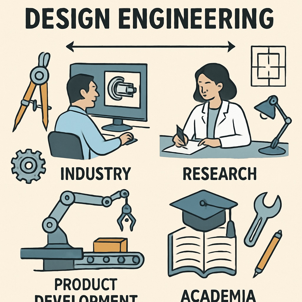 An illustration depicting career pathways in design engineering, with emphasis on industry and research roles. Career pathways illustration for design engineering degrees.