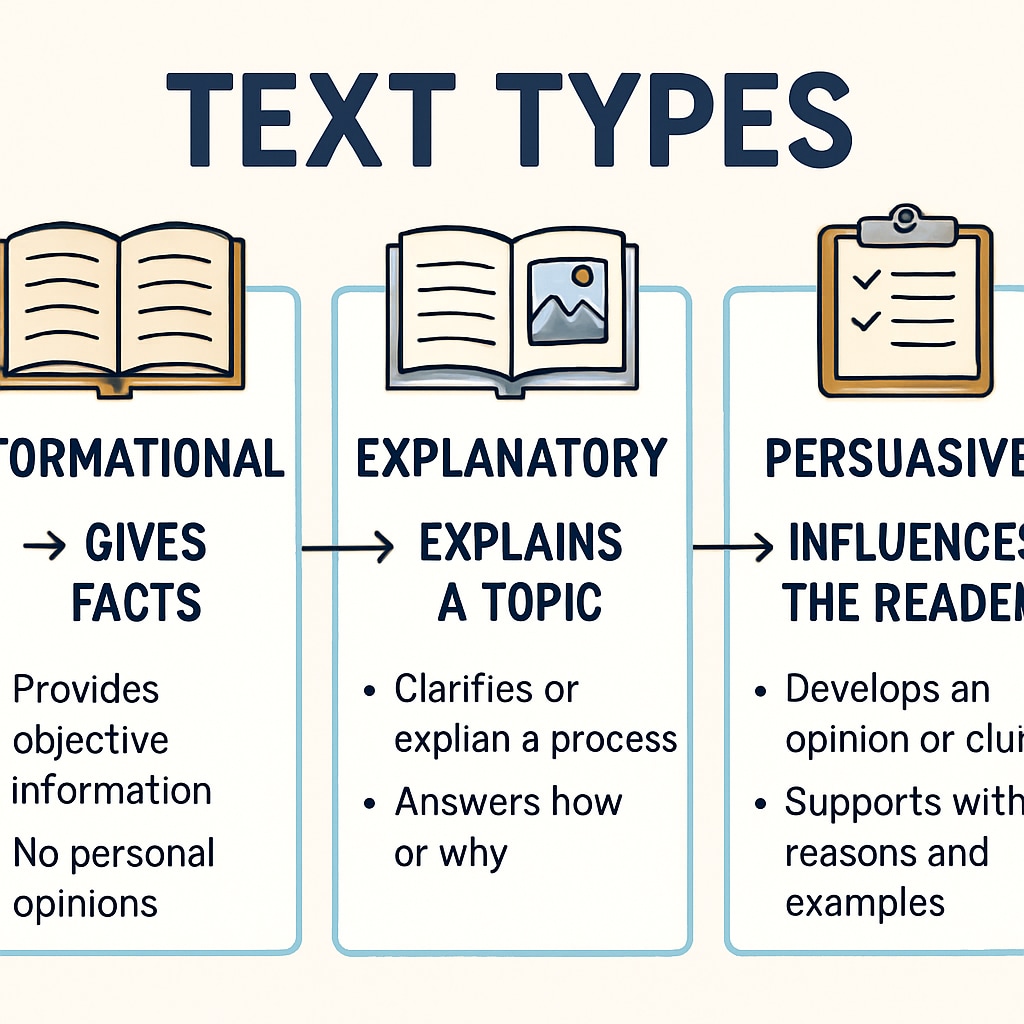 A diagram visually comparing informational, explanatory, and persuasive text types, highlighting distinct features and their goals in writing. Comparison diagram of text types in Functional Skills English exams.