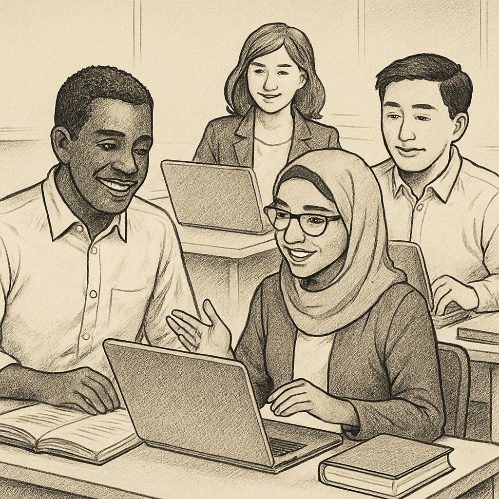 Professionals collaborating through online learning for flexible and affordable education.