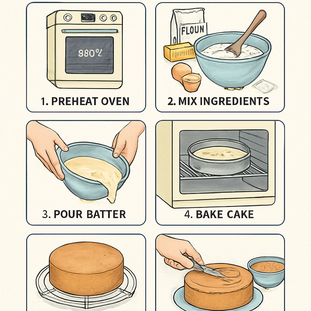 An infographic or step-by-step guide illustrating a process, such as baking a cake, as an example of explanatory text. Example of explanatory text with a step-by-step process guide.