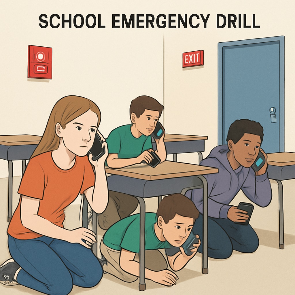 Students using phones during a school emergency drill.