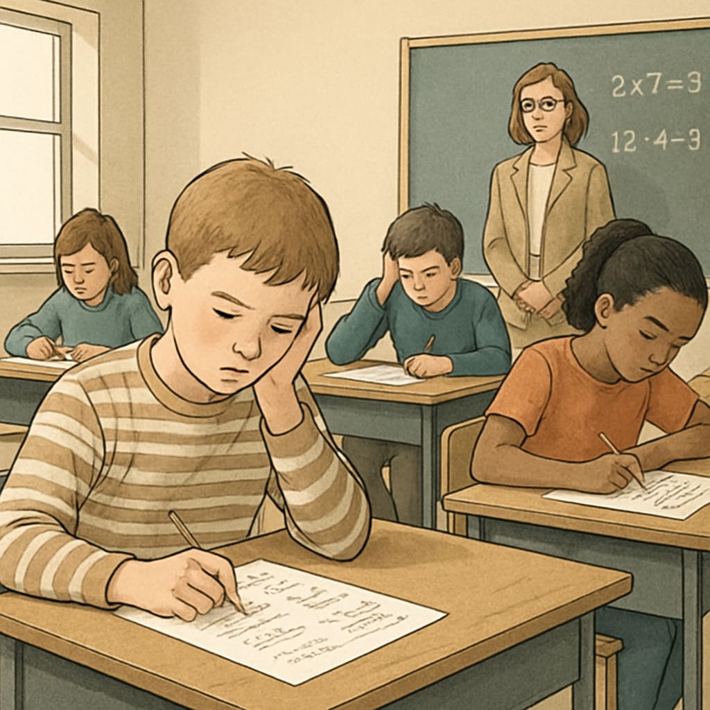 Students tackling math tests with concentration in a classroom.