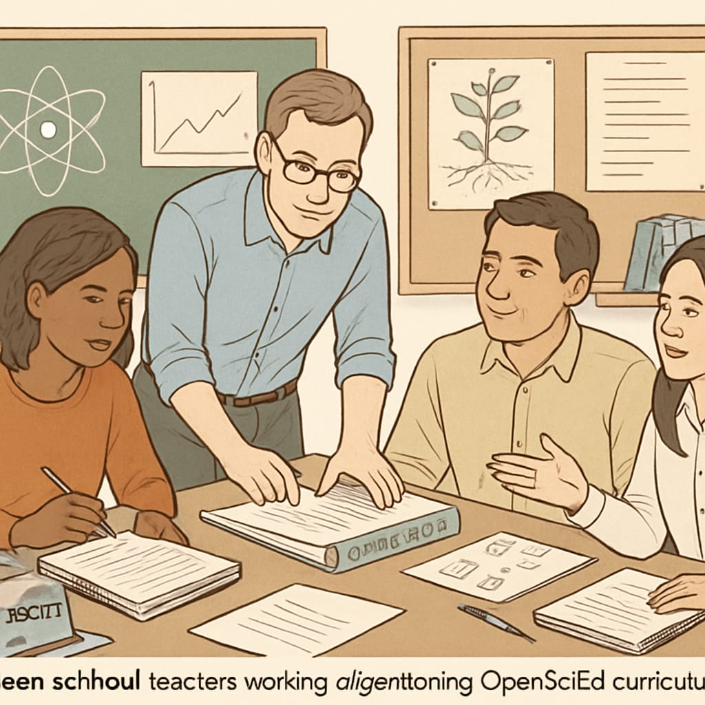 Teachers collaborating on OpenSciEd middle school curriculum materials.