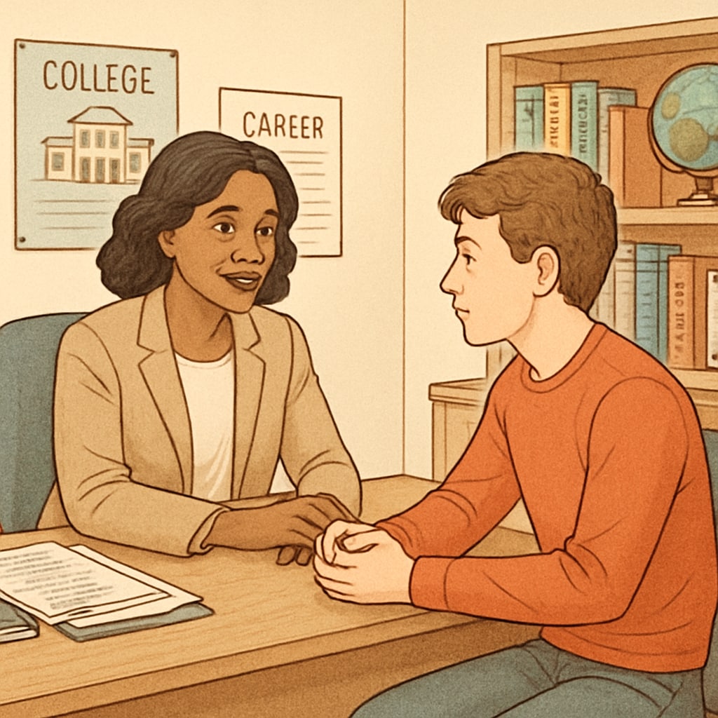 School counselor speaking with a high school student about their academic and emotional needs.