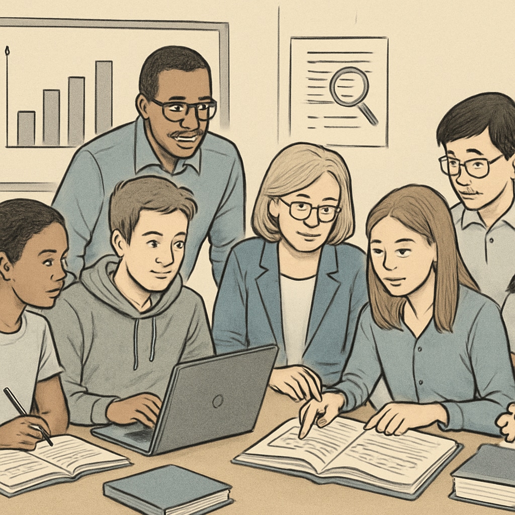 Diverse students and teachers discussing K12 learning methods research in a classroom.