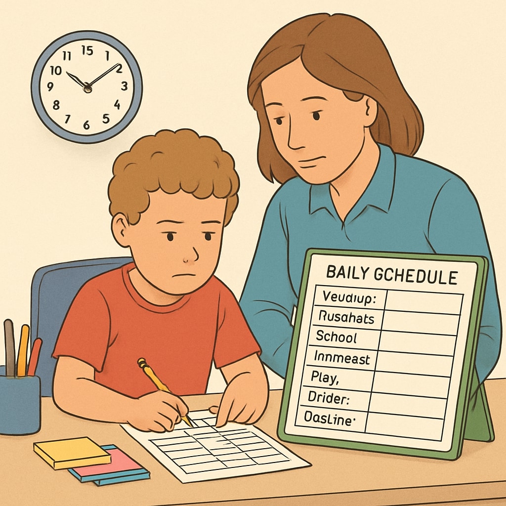 Parent helping child with ADHD organize tasks using a planner