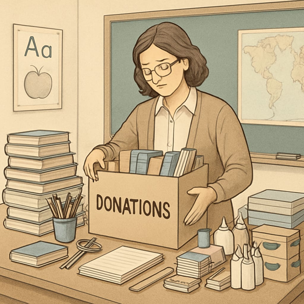 A teacher arranging classroom donations, emphasizing teacher support and education resources.