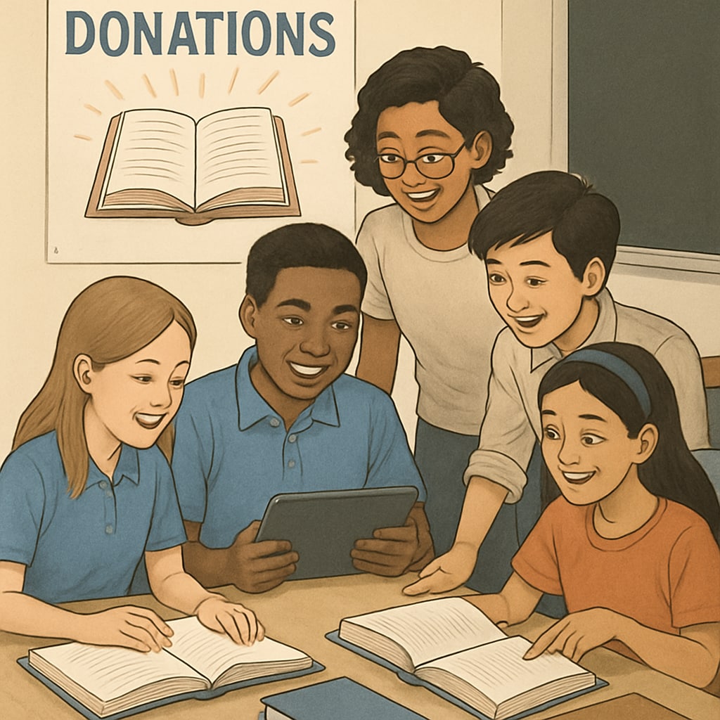Students engaging with new classroom materials, showcasing the impact of community donations on education.