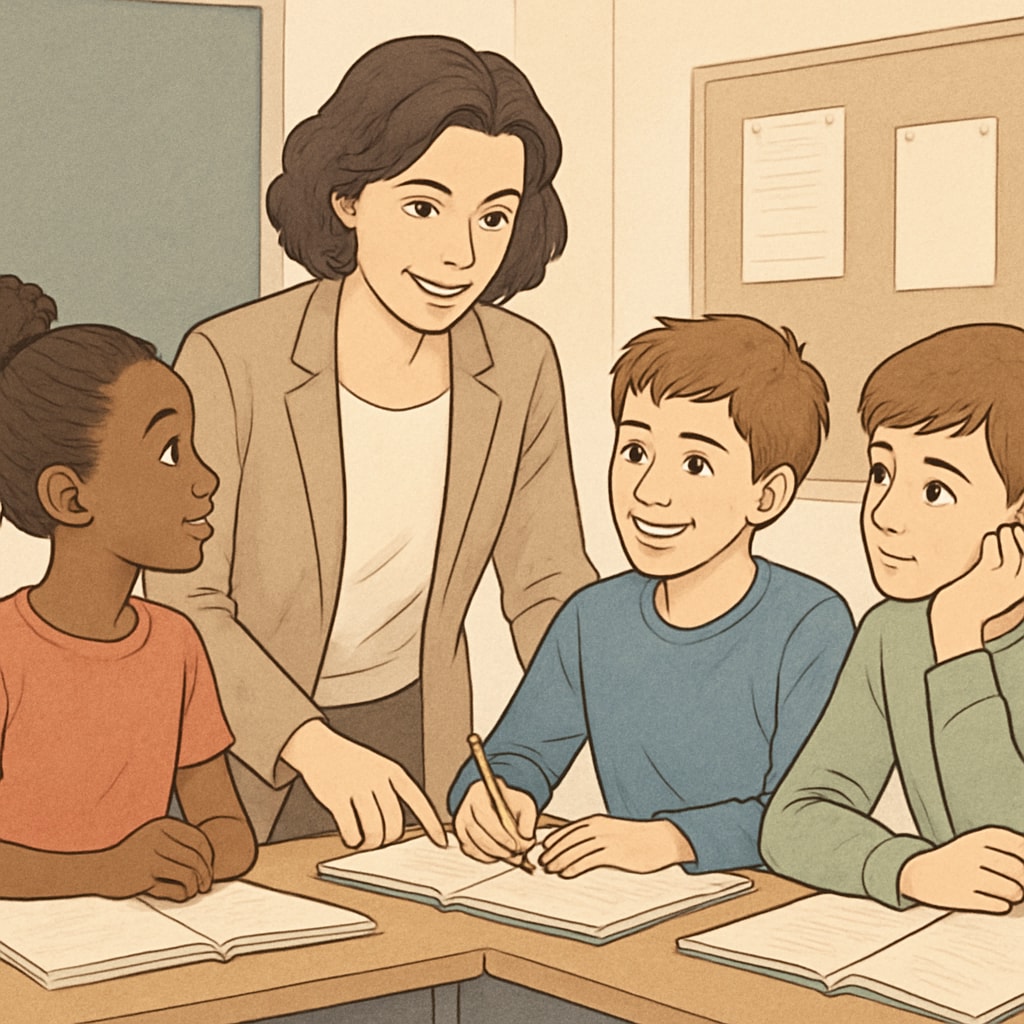 Teacher mentoring students in a collaborative classroom environment.
