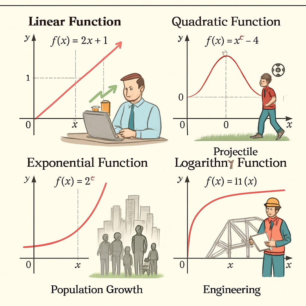 Diagram showing algebraic functions in real-world applications for high school math.
