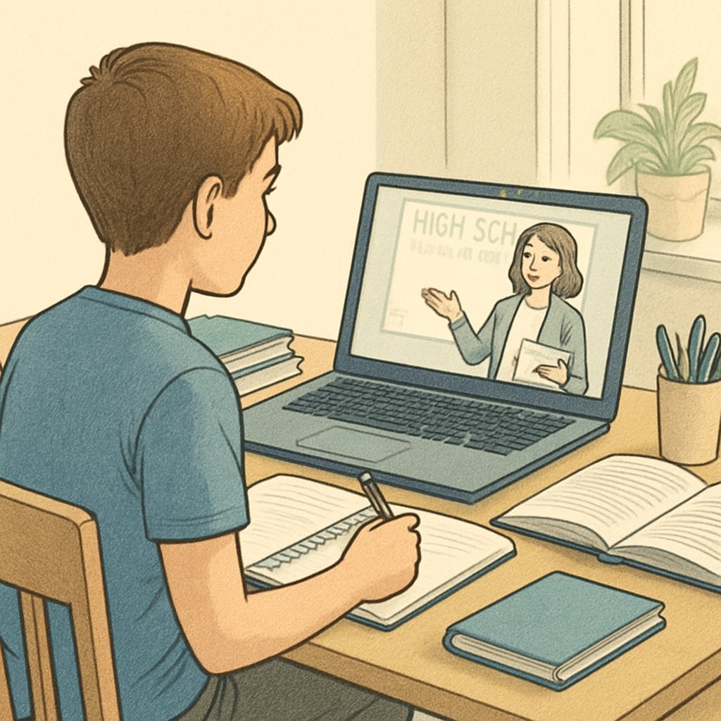 Online high school diploma, credit system, academic recovery - student studying online.