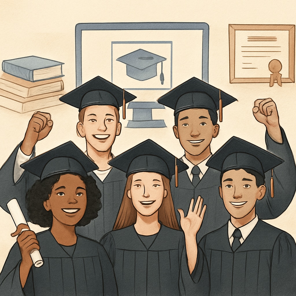 Online high school diploma, credit system, academic recovery - students graduating.