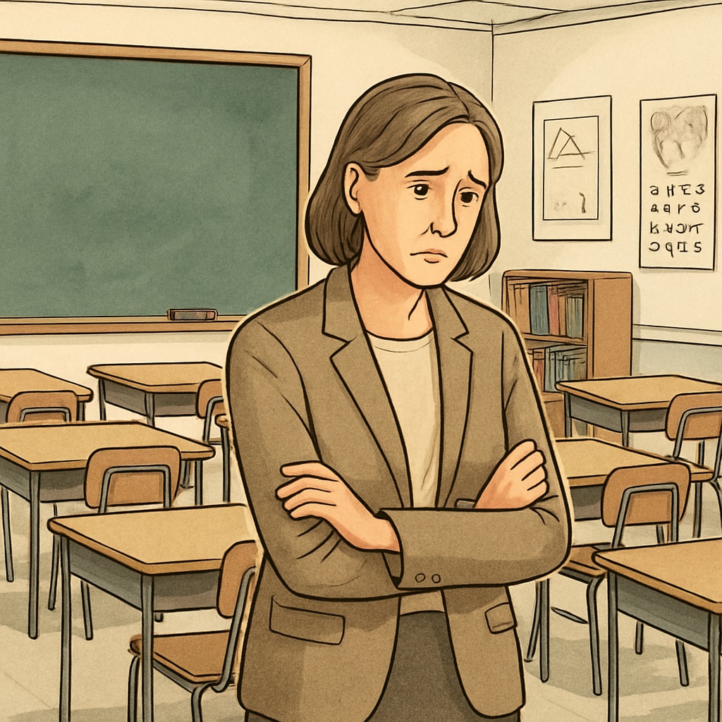 A teacher in an empty classroom illustrates the impact of education fund misallocation.