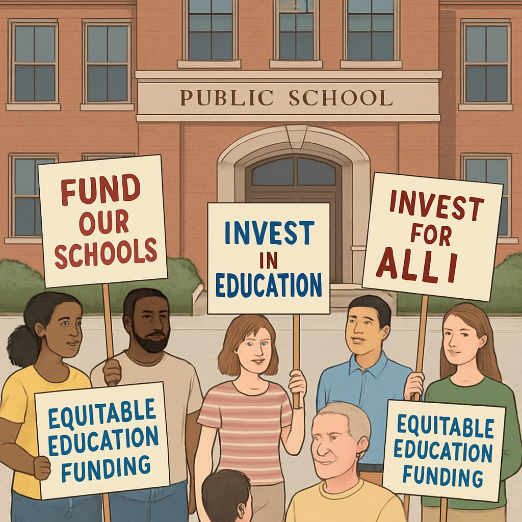 Protesters holding signs outside a closed public school, demanding fair funding.