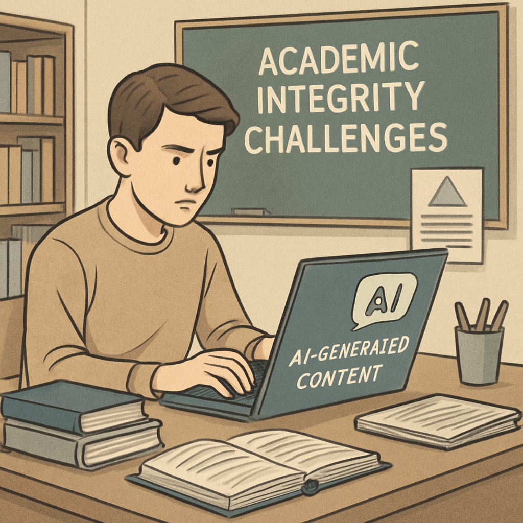 A student using a laptop to generate AI-assisted content, reflecting the challenges of academic integrity in modern education. Student using a laptop with AI tools, highlighting academic integrity challenges.