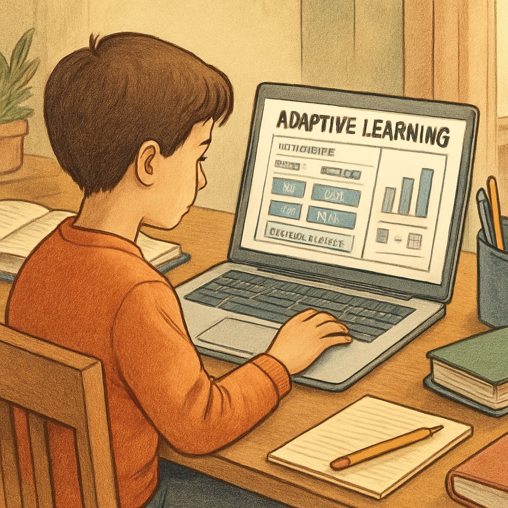 A student using adaptive learning software on a laptop in a home setting, symbolizing personalized education. Student using adaptive learning software for personalized online education.