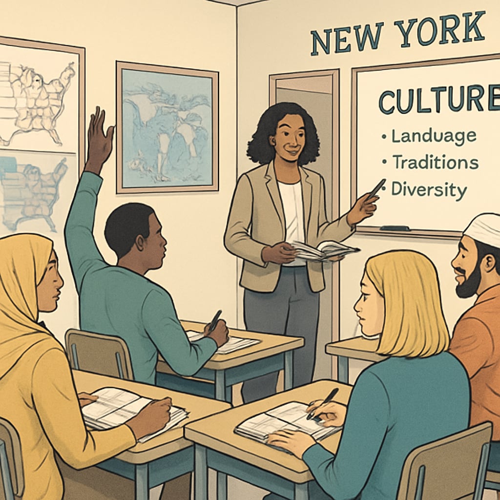 Adult students in New York learning cultural adaptation and foundational knowledge.