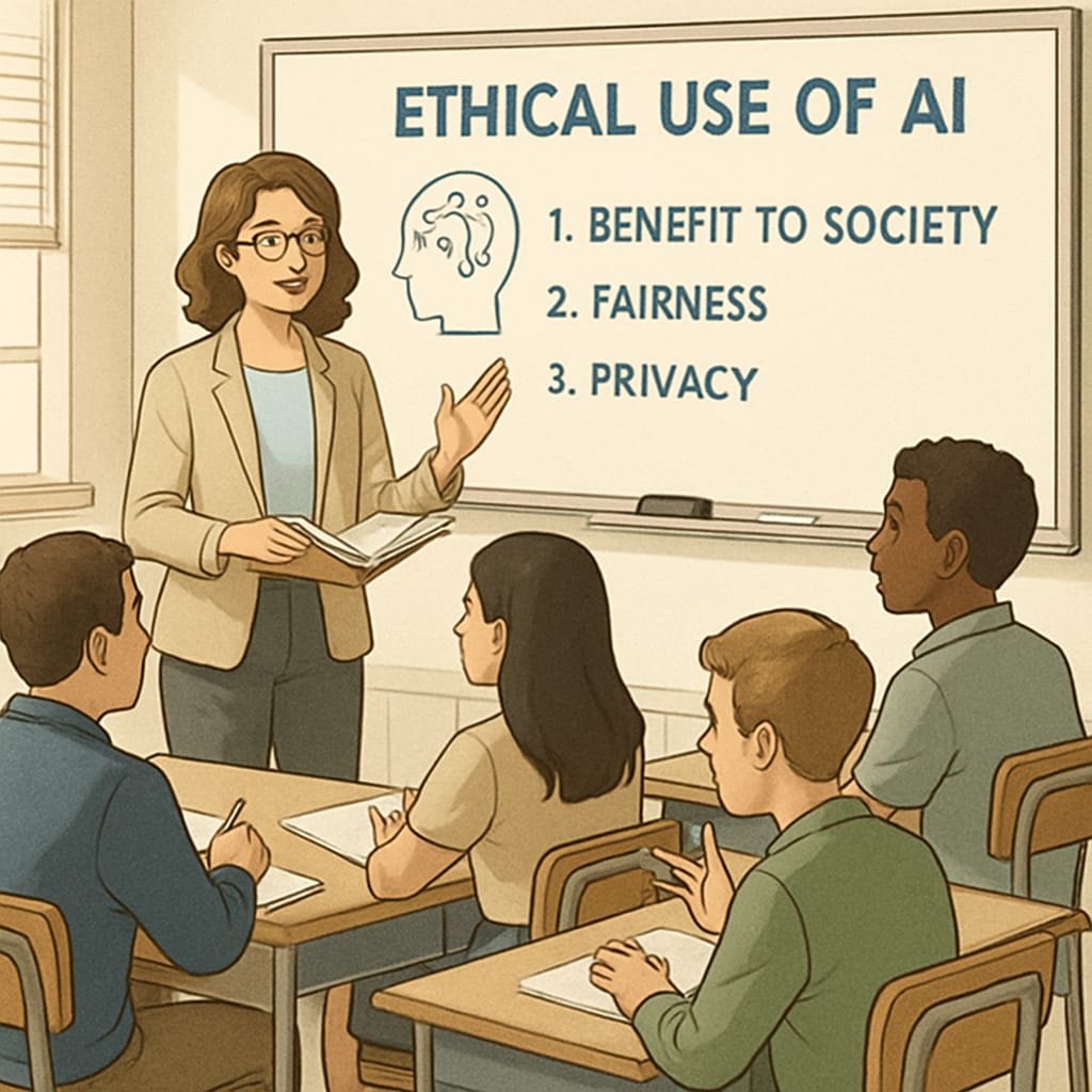 A teacher guiding students on ethical AI usage in a classroom setting. Teacher discussing ethical AI use with students in a classroom.