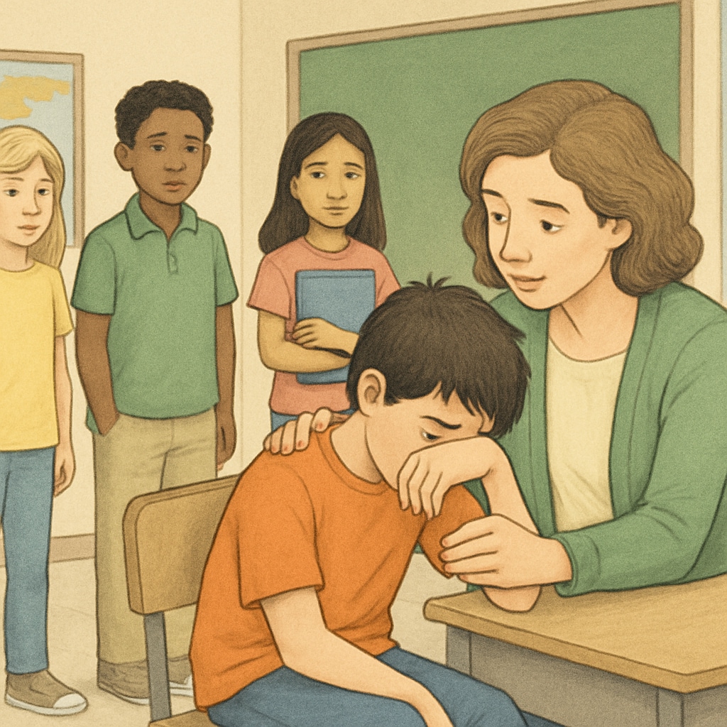 A group of students in a school setting, with one student being consoled by a teacher after experiencing bullying. A teacher consoling a student in a school environment, symbolizing bullying intervention.
