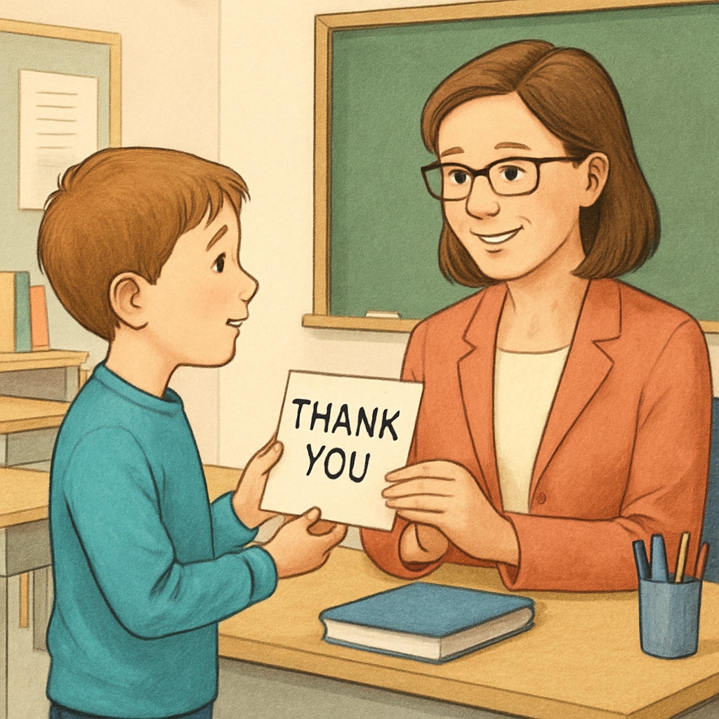Student expressing gratitude to a teacher with a thank-you note.