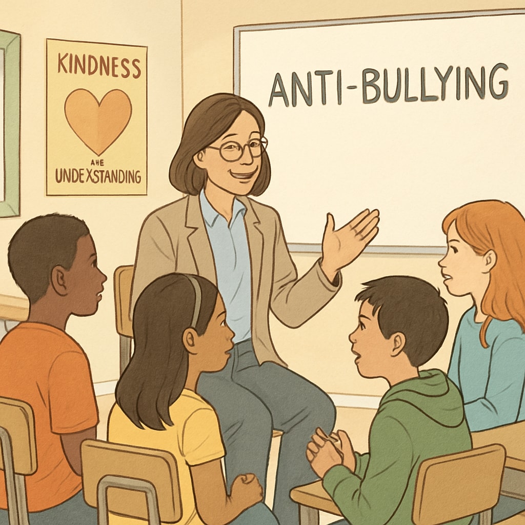 A school counselor speaking with a group of students during an anti-bullying workshop. A school counselor hosting an anti-bullying session with students, promoting prevention strategies.