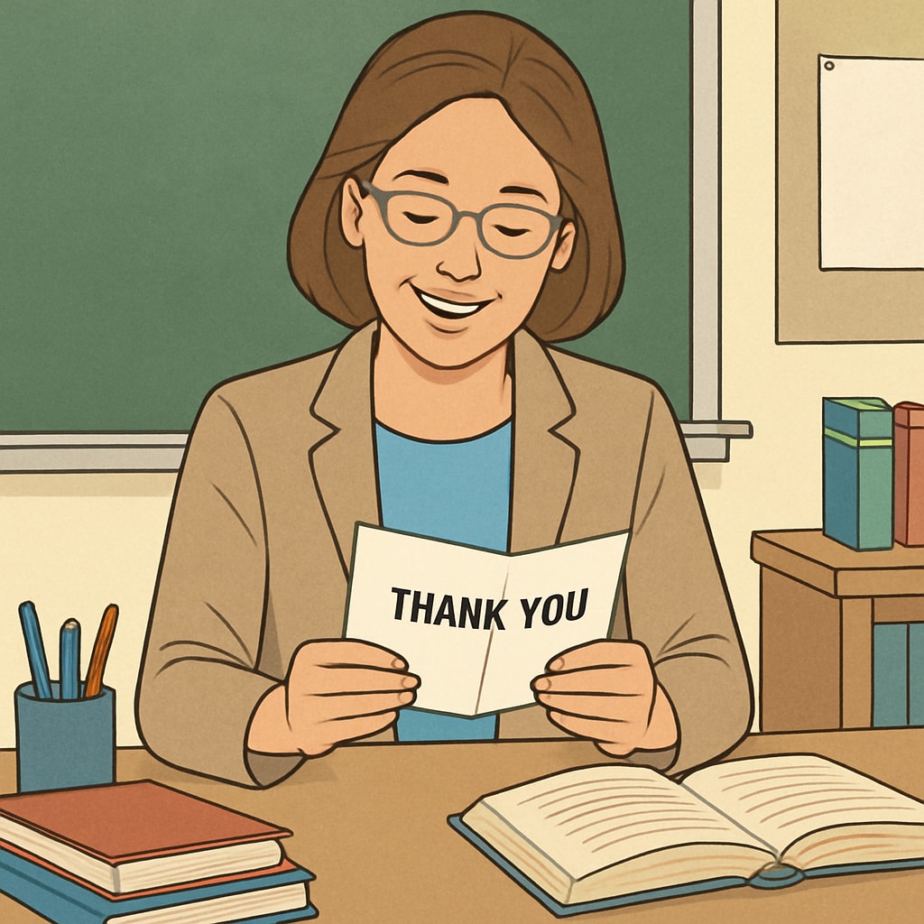 Teacher holding a thank-you letter from a student, symbolizing gratitude.