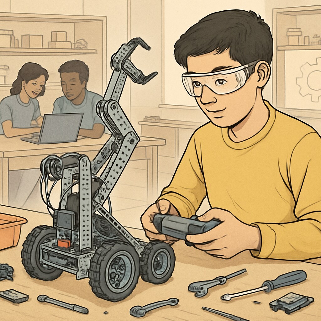 High school student competing in robotics, emphasizing STEM education for college readiness.