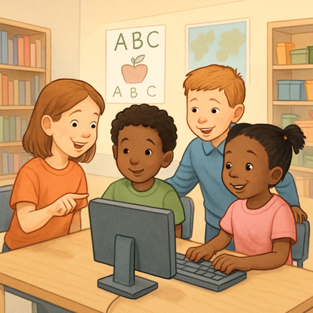 Kindergarten and fourth-grade students collaborating on a computer-based project.