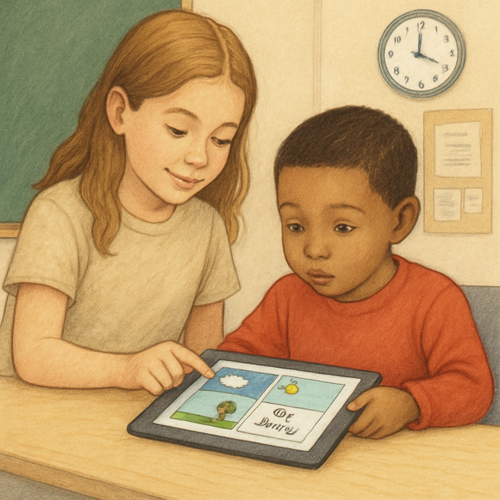 Fourth-grade student assisting a kindergartner with digital storytelling on a tablet.