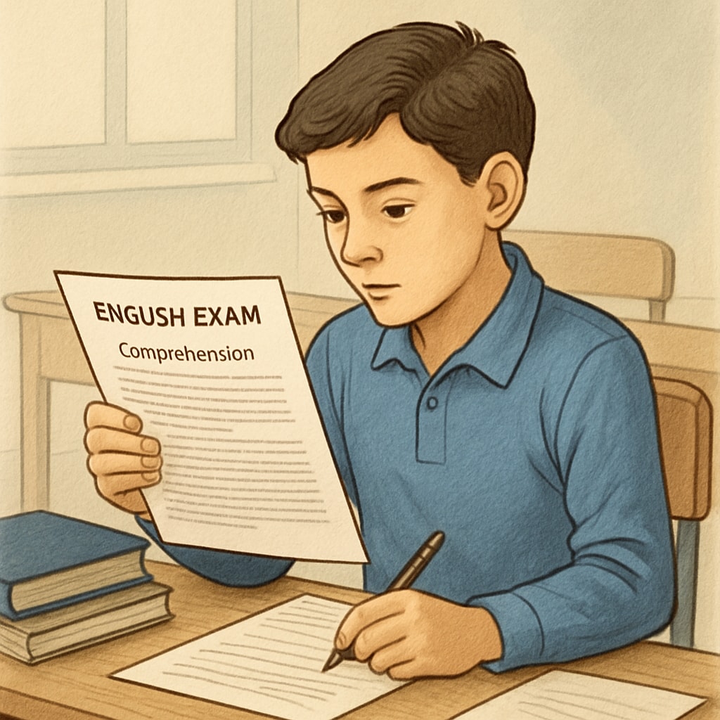 A student reading an English exam paper, focusing on comprehension. Functional Skills English Reading exam paper with focused student.